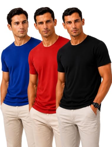 Image of Men's Solid Cotton T-Shirt Pack of 3 | Breathable Round Neck Combo | Half Sleeve | Solid-Regular Fit Casual Wear