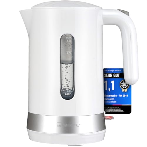 Clatronic® Wasserkocher 1,8L | 2200W für schnelles Erhitzen | BPA frei | Einhandbedienung | Wasserstandsanzeige | 360° drehbarer Sockel mit Kabelaufwicklung | Kettle | WK 3840 weiß