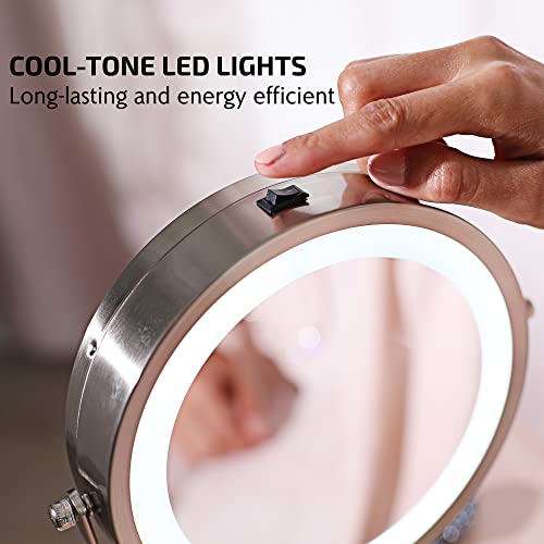 Image of OVENTE 7'' Lighted Tabletop Makeup Mirror, 1X & 7X Magnifier, Spinning Double Sided Round LED, Great for Vanity, Bath, & Bedroom, Battery Powered, Nickel Brushed MCT70BR1X7X (Pack of 2)
