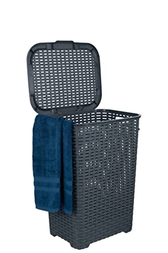 Plastic Laundry Hamper With Lid Laundry Hamper Basket, Grey Tall Cloths Hamper Organizer With Cut-Out Handles. Space Saving For Laundry Room Bedroom Bathroom, Wicker Design 60 Liter #TOP17