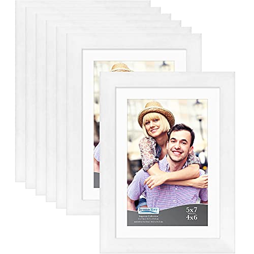 Icona Bay 5x7 Picture Frame Set w/Removable Mat to 4x6 (White, 10 Pack), Simple Modern Design, Table Top Kickstand and Wall Hanging Hooks Included, Impresia Collection