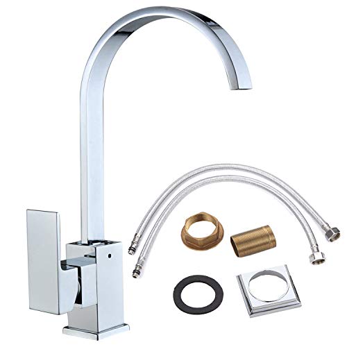 Grifo monomando para fregadero de cocina con mango cuadrado de latón cromado y forma cuadrada de cascada plana con boquilla giratoria y mangueras y accesorios