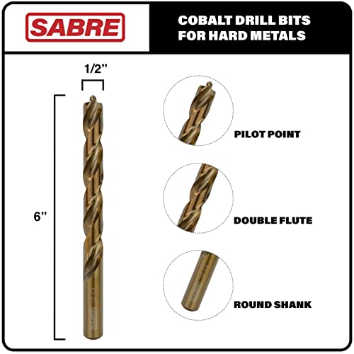 Sabre Tools 1/2 Inch Cobalt Drill Bits – 5Pcs Drill Bits For Metal, M35 Cobalt Metal Drill Bit Set, Pilot Point Cobalt Drill Bits – Heavy-Duty Drill Bits For Steel, Hard Metal, Cast Iron (1/2" X 6") #TOP1