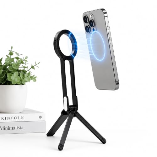 Image of Bigsmall MagClip Tripod Stand for iPhone & Smartphones | Foldable Magnetic Phone Holder with Clip | Portable Aluminum Stand for Vlogging, Video Calls & Travel | Includes 2 Magnetic Rings