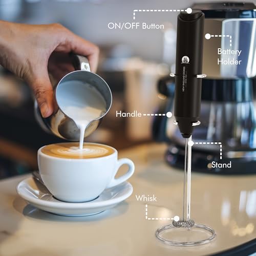 Image of Milk Frother with Stand (Battery Included), Handheld Battery Operated Electric Foam Maker with Stainless Steel Whisk for Coffee, Latte, Cappuccino, Hot Chocolate