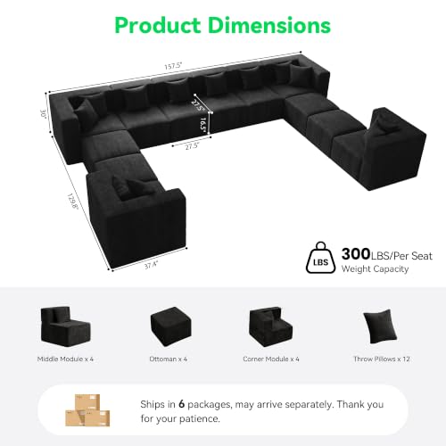 Image of MONVANE Oversized Boneless Sectional Couches for Living Room, 12-Seat Cloud Couch, Modular Sofa with Ottoman & 12 Throw Pillows, Comfy Chenille, No Assembly Required, Black