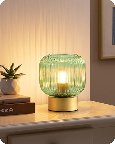 EDISHINE Lámpara de mesa LED, Pantalla verde & Base metálica dorada, con bombilla E27 2700K luz cálida, Moderna para salón, dormitorio & regalo