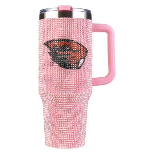 Image of The Memory Company NCAA Pink Bling 40oz Stainless Steel Water Tumbler, Double Wall Vacuum Insulated Game Day Bottle, Rhinestone Design with Handle Lid and Straw