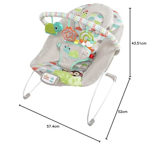 Bright Starts, Babywippe Babyschaukel Happy Safari mit beruhigenden Vibrationen & 7 Melodien, abnehmbarer Kopfstütze und Spielbogen mit 3 Spielzeugen, Lautstärkeregeler, ab der Geburt bis 9kg