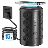 Tower Power Strip with 15W Wireless Charger, 15FT Extension Cord with Multiple Outlets, 16 AC Outlets & 5 USB (2 USB C) Charging Station Surge Protector for Office Home Dorm Room (Black)
