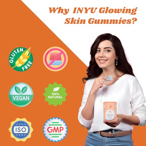 Image of INYU Glowing Skin Gummies (Pack of 30) | with Hyaluronic Acid, Vitamin C, E & Curcumin Extract | for Signs of Ageing, Healthier, Glowing & Softer Skin