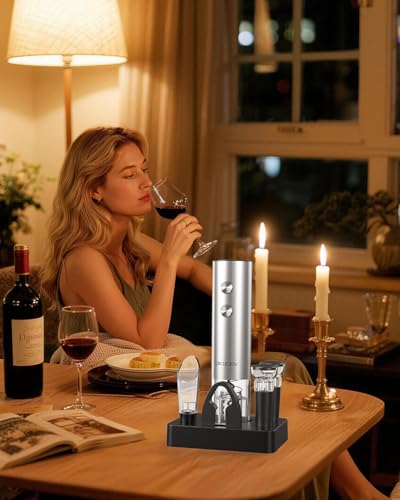Image of CIRCLE JOY Electric Wine Opener Rechargeable, 6-in-1 Stainless Steel Electric Cordless Wine Bottle Opener with Pourer & Foil Cutter, 2 Vacuum Preservation Stoppers and Base, Gift for Home, Party, Bar