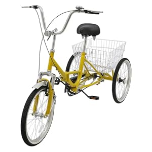 SanBouSi Driewieler voor volwassenen, 20 inch, inklapbaar, 1 versnelling, tricycle, fietsen, boodschappenmand, 3 wielen, fiets voor volwassenen en ouderen, lichtgeel