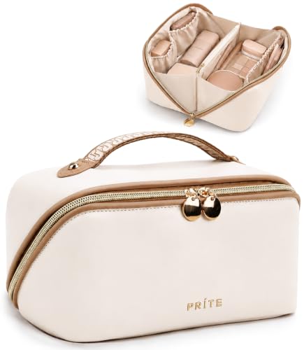 Prite Große Kapazität Kosmetiktasche Tragbare Reise Make Up Tasche wasserdichte PU-Leder Schminktasche oder Kulturbeutel mit Transparente Trenner und Griff(Beige M)