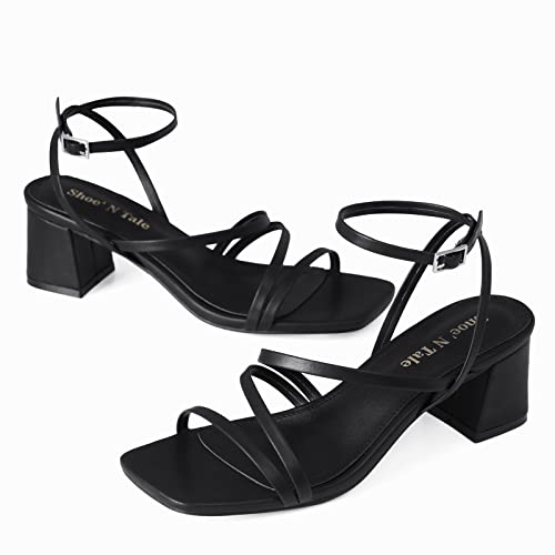 Image of Shoe'N Tale Strappy Heels for Women Low Chunky Block Heel Dress Shoes Square Open Toe Ankle Strap Heeled Sandals