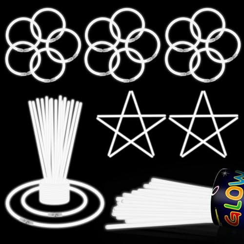 50 Pcs 8 White Glow Sticks Glow Necklaces and Bracelets Set with Connectors Bright Neon Glow in The Dark Party Favors for Birthday Christmas New Year Halloween 4th of July Wedding Carnival