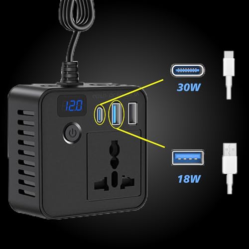 Image of PRONOD 200W Car Power Inverter with 30W Type-C PD, 18W USB, AC Socket & Cigarette Lighter Slot, 12V Car Plug, LED Indicator, Power Button & Cooling Fan, Cup Holder Design for Car