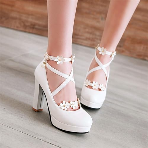 Women's Mary Jane Chunky Platform Strappy Pumps Closed Round Toe Block High Heels Ankle Buckle Cross Strap Flower Pearl Dress Ladies Shoes for Wedding Party3