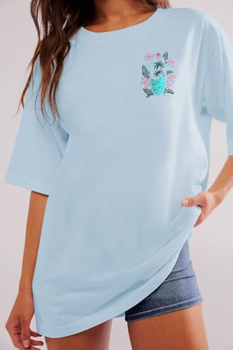 Image of Summer Oversized Flower Graphic Tees Y2k Coastal Beach Palm Surfboard Tops Baggy T-Shirts Teen Girls Preppy Clothes