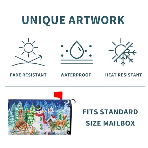 Image of Christmas Mailbox Cover Winter Mailbox Wraps Magnetic Standard Size 25x21 in Watercolor Xmas Tree Deers Snowman Post Letter Box Cover for Home Garden Outdoor Yard
