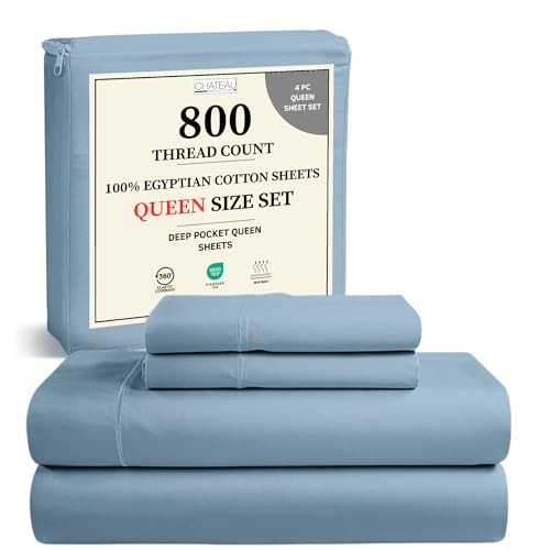 100% Egyptian Cotton Sheets Queen Size Set, 800 TC Deep Pocket Queen Sheets Set, Soft Breathable Sateen Weave 4 PC Elasticated Sheet & Pillowcase Sets, No Pill & Shrink, Fade Resistant- French Blue