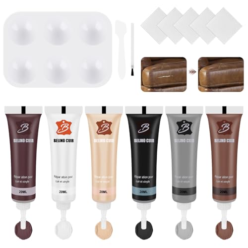 Kit Reparation Simili Cuir, 6 Couleurs Creme Reparatrice pour Le Cuir, Gel de Réparation pour Cuir, Pâte Réparatrice Cuir, Convient aux Produits en Cuir, Canapés,...