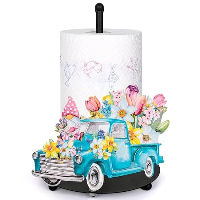Spring Flower Paper Towel Holder Tulip Floral Truck Gnome Paper Holder Stand Black Metal Tissue Holder for Bathroom Kitchen Countertop Housewarming