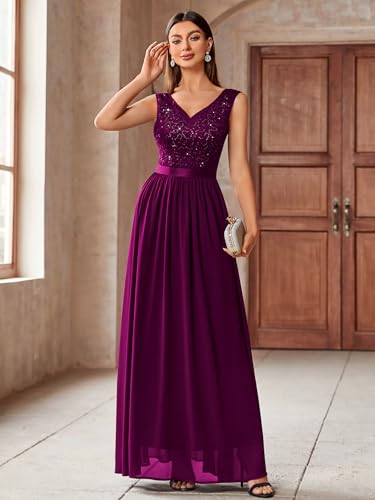 Image of Miusol Women's Sexy Deep V-Neck Sequin Lace Double Sleeveless Evening Party Maxi Dress