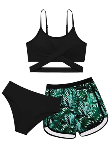 Image of Girl's 3 Piece Bikini Set Cross Strap Swimsuits for Girls Bathing Suit with Shorts Teen Swimwear Swimming Suit