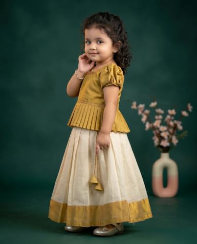 Image of Stanwells Kids Baby Girl Dress Cream Gold Pattu Pavadai Cotton Silk Lehenga Choli Kerala Kasavu South Indian Onam Festival Traditional Ethnic Wear