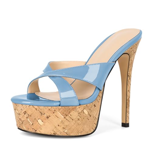 Image of Esvowido Heeled Mules for Women Cork Platform Stiletto Heels Slip on Open Toe High Heeled Sandals Crisscross Slippers Pumps Shoes