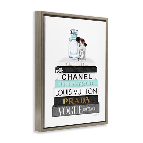 Image of Stupell Industries 'Bookstack with Beauty Brushes', Floating Frame Canvas Art, Brown, 17 x 21 Inches, Easy to Hang and Sturdy, Made in USA, by Amanda Greenwood