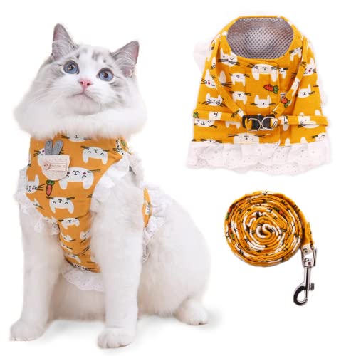 Dora Bridal Katzengeschirr Leine Set mit Spitzenbordüre, ausbruchsicher, gebürstete Katze, Hundeweste, Geschirr für Spaziergänge, Reisen, atmungsaktives Netzgewebe, Welpen, Tiere (Rosa/Gelb) Cover