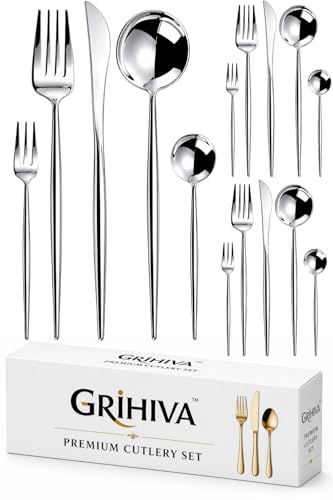 Image of 15 Pcs Silver Cutlery Set for Dining Table the Perfect Lightweight Silim Handle Tableware Including Dinner Spoon, Dinner Fork, Dinner Knife, Dessert Spoon & Dessert Fork