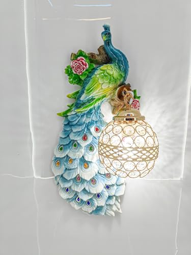 Image of swanart Decorative Plumora Peacock Wall Light with Crystal Lamp - 46 cm Artistic LED Wall Mount Light, Vibrant Colors & Gold Accents for Bedroom, Living Room, and Hallways - 3D Handcrafted Design