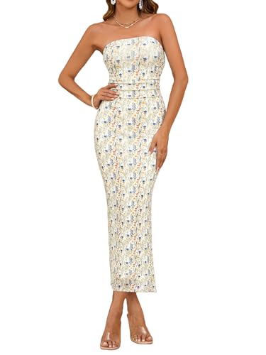 Image of Milumia Women's 2026 Summer Floral Bodycon Maxi Dress Strapless Tube Top Long Dresses Wedding Guest Party