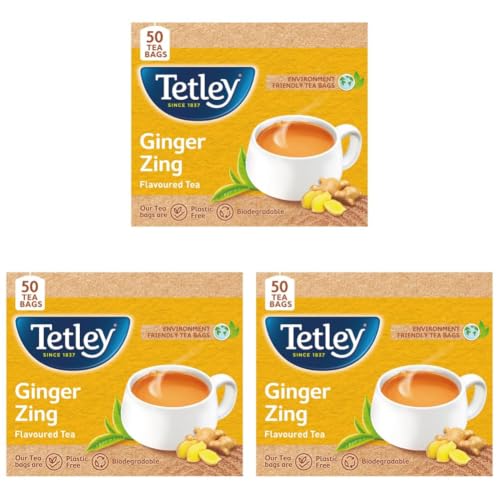 Image of Tetley Ginger Zing Flavoured Chai Black Tea 50 Tea Bags,100 Grams (Pack of 3)