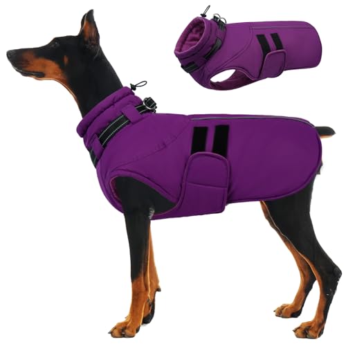 IECOii Dog Coats for Large Dogs Winter Waterproof Jacket with Collar Built in, XXL Dog Coat for Cold Weather Warm Snow Jacket with Thermal Fleece Lining, Reflective Pet Snowsuit Large, Purpl