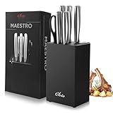 Oleio Maestro 6-teiliges Küchenmesser-Set mit schwarzem Messerblock | Kochmesser Set und Küchenschere aus Edelstahl | Block mit Messerschärfer | Edelstahlgriffe | Messerblock mit Messer