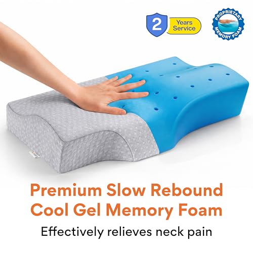 Image of FOVERA Memory Foam Cervical Pillow for Neck Pain | Orthopedic Contour Neck Support Pillow for Sleeping, for Neck and Shoulder Pain, Dual Height (Grey Jacquard Cover, Pack of 1)