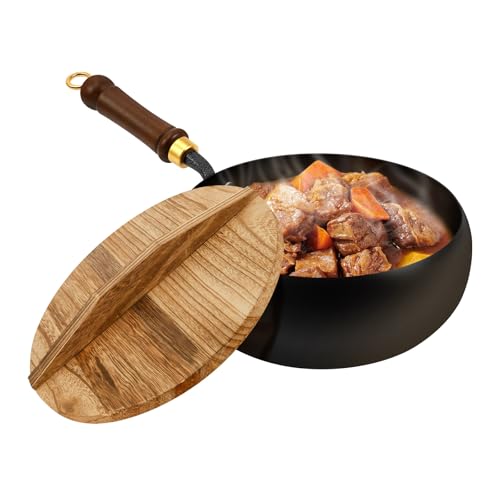 Tcwhniev 9.5 in Uncoated Iron Pan with Lid and Spatula, Nonstick Hand Forged Pot, Heat Retention Cast Iron Pan for Cooking