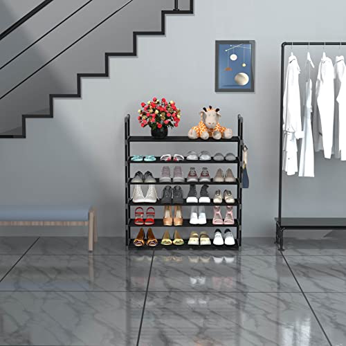 Hsscblet 6 Tiers Metal Shoe Rack,Adjustable Shoe Shelf Storage Organizer With Versatile Hooks,Stackable Boot & Shoe Storage,For Entryway,Hallway,Living Room,Closet,Black #TOP1