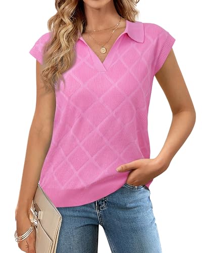 Image of Messic Womens Cap Sleeve Sweater Lapel V Neck Casual Knit Pullover Tops 2024
