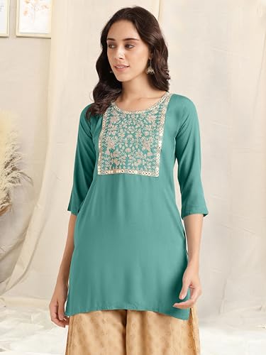 Image of MIRCHI FASHION Women's Straight Fit Rayon Sequins Embroidered and Polka Dots Printed Kurti Only
