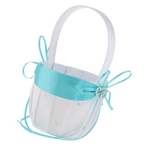 2Pcs Wedding Flower Girl Baskets,White Satin Flower Storage Basket With Double Heart Rhinestone Craft For Engagement Ceremony Party Decor (Royal Blue) #TOP4