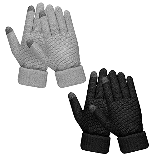 Sibba 2 pares de guantes de invierno para mujer con pantalla táctil forro de lana cálido guantes elásticos de punto térmico Negro y gris