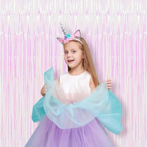 Image of Voircoloria 2 Pack Iridescent Tinsel Foil Fringe Curtains, Iridescent Party Decorations, Metallic Tinsel Party Streamers Backdrop for Mermaid Birthday Baby Shower Slumber Wedding Party Decorations