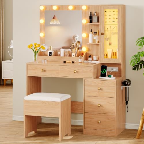 Image of Vanity Desk with Mirror and Lights, Makeup Vanity Table Set with 5 Storage Drawers, Power Outlet & Chair, Small Dressing Table with RGB Ambient Light, Adjustable Brightness for Girls Bedroom, Oak