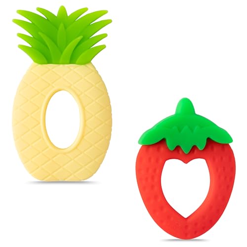 Image of Silicone Teething Toy for Babies - 2Pcs Strawberry Grape Soft Sore Gums Pain Teether Infant Summer Fruit Themed Food Grade Teething Relief Chew Toy for Toddler Birthday Newborn 6-12 Months Baby Shower