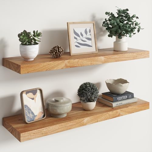Image of RICHFOCUS Elm Floating Shelves for Wall - 36 inch W x 9.3 inch D Rustic Solid Wood Shelves with Invisible Bracket, Wall-Mounted for Living Room, Bedroom, Kitchen Storage & Display, Set of 2, Natural